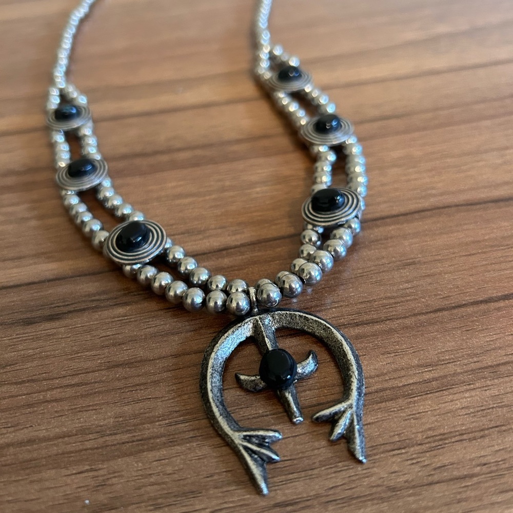 Faux Onyx Squash Blossom Necklace